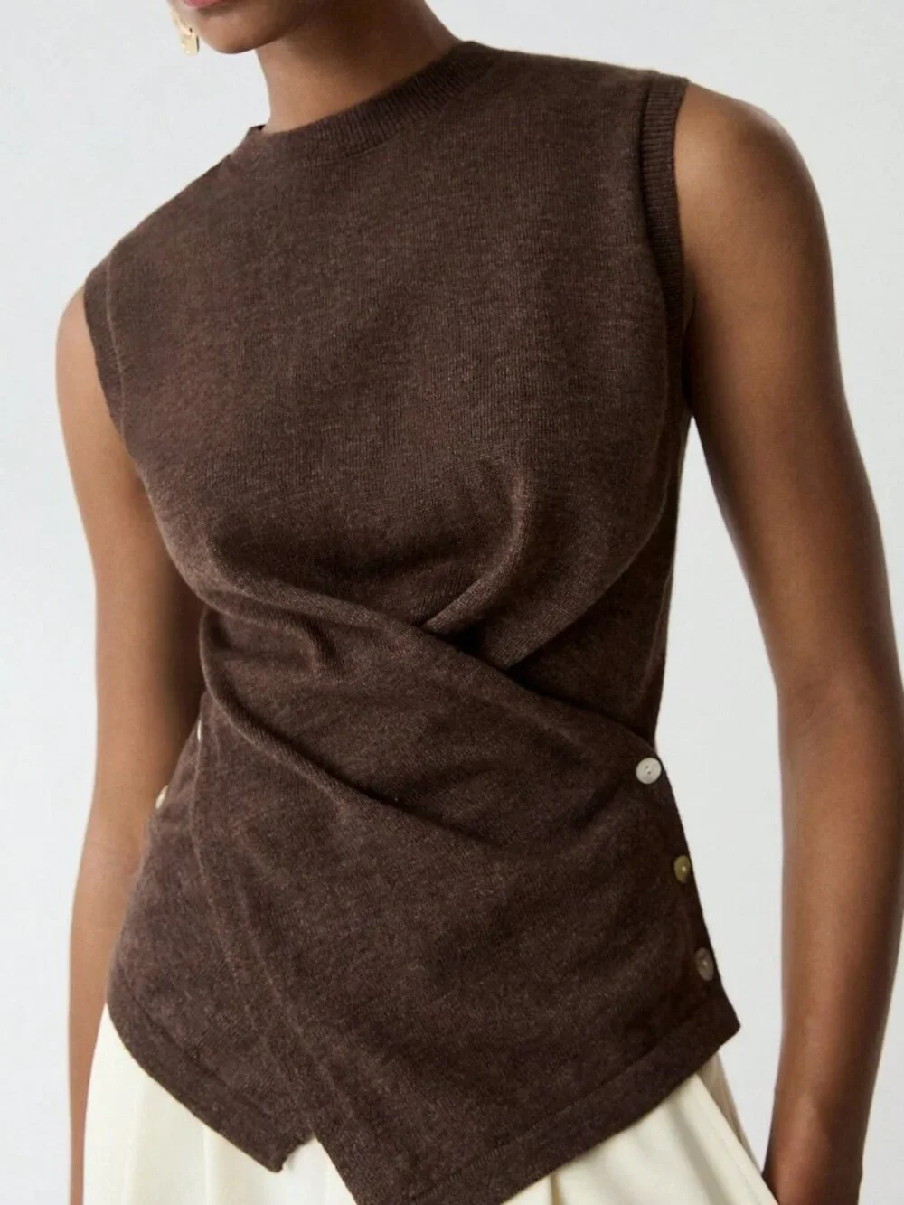 Coffee Brown Casual Women's Elegant Soft Pullover Side Button Knit Top